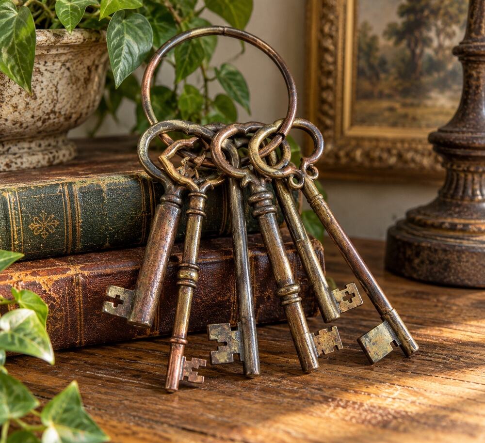 Heavy Vintage-Style Skeleton Keys on Ring Brass Tone Gothic Rustic Decor